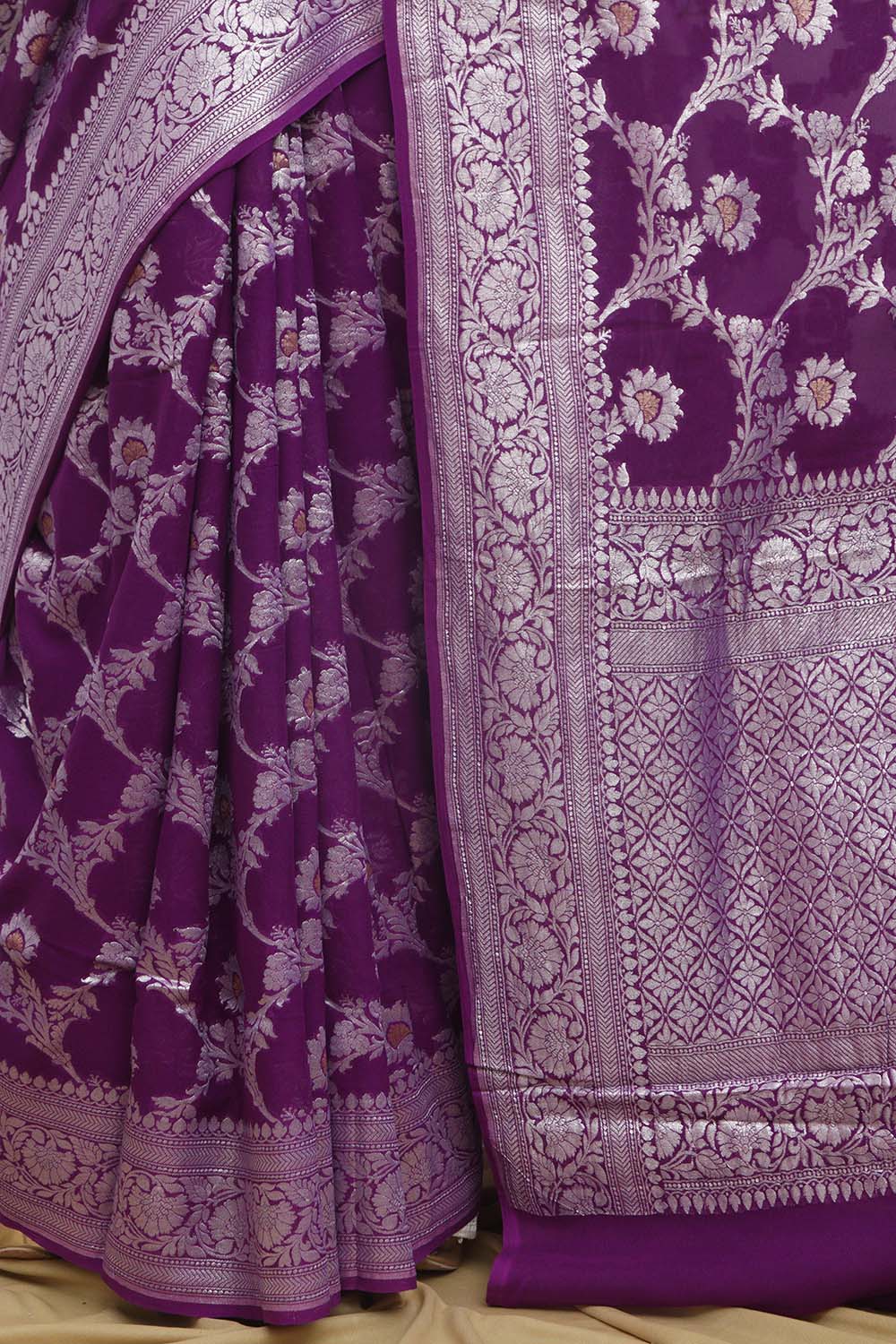Elegant Purple Banarasi Handloom Pure Georgette Jaal Design Saree - Luxurion World