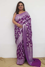 Elegant Purple Banarasi Handloom Pure Georgette Jaal Design Saree - Luxurion World