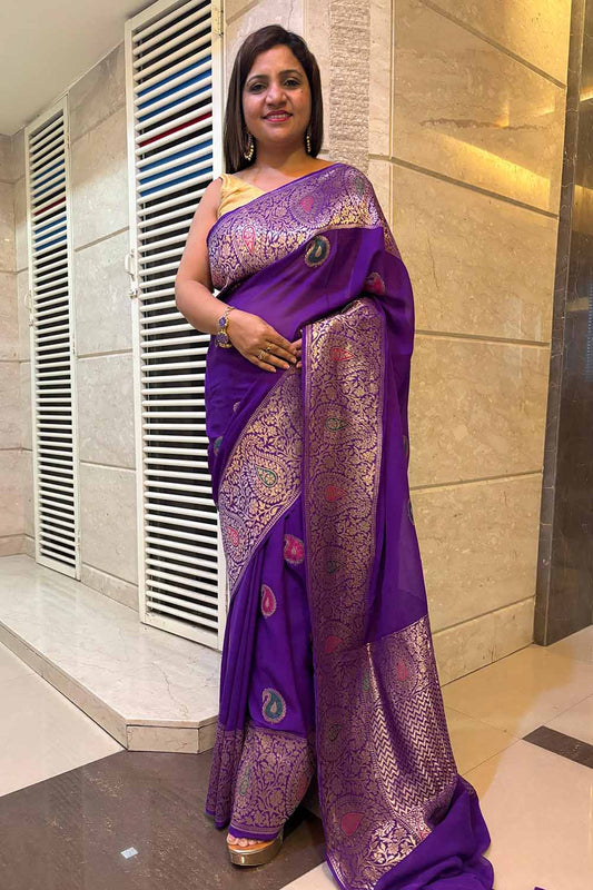 Elegant Purple Banarasi Handloom Pure Georgette Kadwa Meenakari Saree - Luxurion World