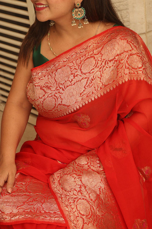 Red Banarasi Handloom Pure Georgette Kadwa Meenakari Flower Design Saree - Luxurion World