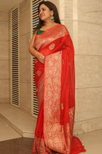 Red Banarasi Handloom Pure Georgette Kadwa Meenakari Flower Design Saree - Luxurion World