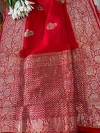 Red Banarasi Handloom Pure Georgette Kadwa Meenakari Flower Design Saree - Luxurion World