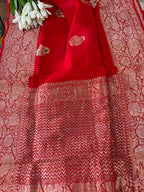 Red Banarasi Handloom Pure Georgette Kadwa Meenakari Flower Design Saree - Luxurion World