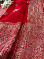 Red Banarasi Handloom Pure Georgette Kadwa Meenakari Flower Design Saree - Luxurion World