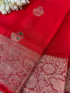 Red Banarasi Handloom Pure Georgette Kadwa Meenakari Flower Design Saree - Luxurion World
