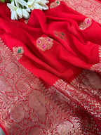 Red Banarasi Handloom Pure Georgette Kadwa Meenakari Flower Design Saree - Luxurion World