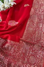 Red Banarasi Handloom Pure Georgette Kadwa Meenakari Flower Design Saree - Luxurion World