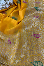 Yellow Banarasi Handloom Pure Georgette Kadwa Meenakari Saree - Luxurion World
