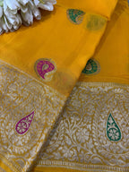Yellow Banarasi Handloom Pure Georgette Kadwa Meenakari Saree - Luxurion World