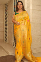 Yellow Banarasi Handloom Pure Georgette Kadwa Meenakari Saree - Luxurion World