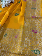 Yellow Banarasi Handloom Pure Georgette Kadwa Meenakari Saree - Luxurion World