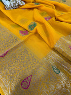 Yellow Banarasi Handloom Pure Georgette Kadwa Meenakari Saree - Luxurion World