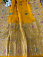 Yellow Banarasi Handloom Pure Georgette Kadwa Meenakari Saree - Luxurion World