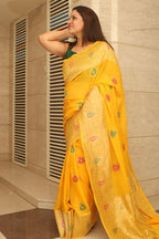 Yellow Banarasi Handloom Pure Georgette Kadwa Meenakari Saree - Luxurion World