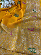 Yellow Banarasi Handloom Pure Georgette Kadwa Meenakari Saree - Luxurion World