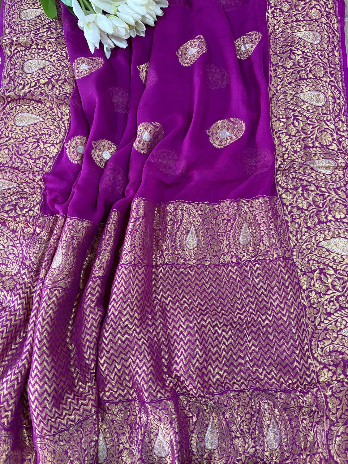 Elegant Purple Banarasi Handloom Pure Georgette Kadwa Sona Roopa Saree - Luxurion World