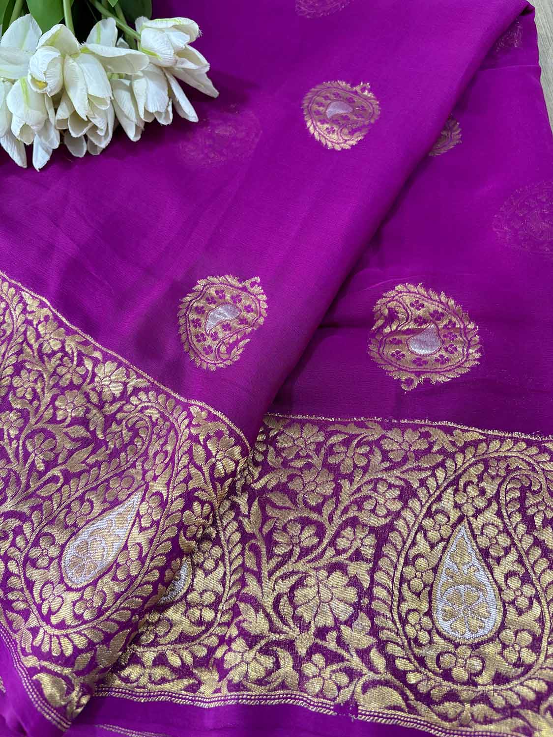 Elegant Purple Banarasi Handloom Pure Georgette Kadwa Sona Roopa Saree - Luxurion World