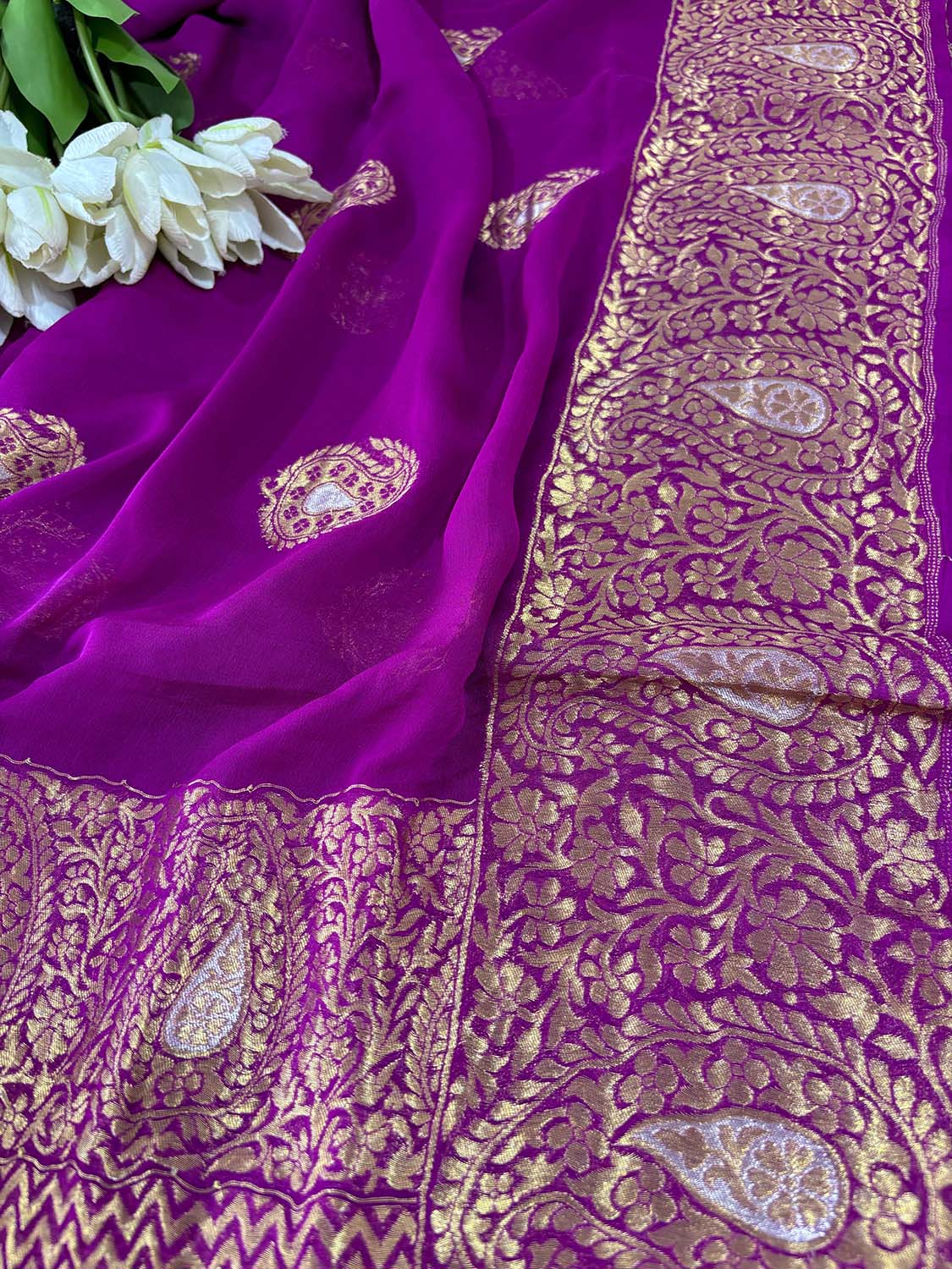Elegant Purple Banarasi Handloom Pure Georgette Kadwa Sona Roopa Saree - Luxurion World