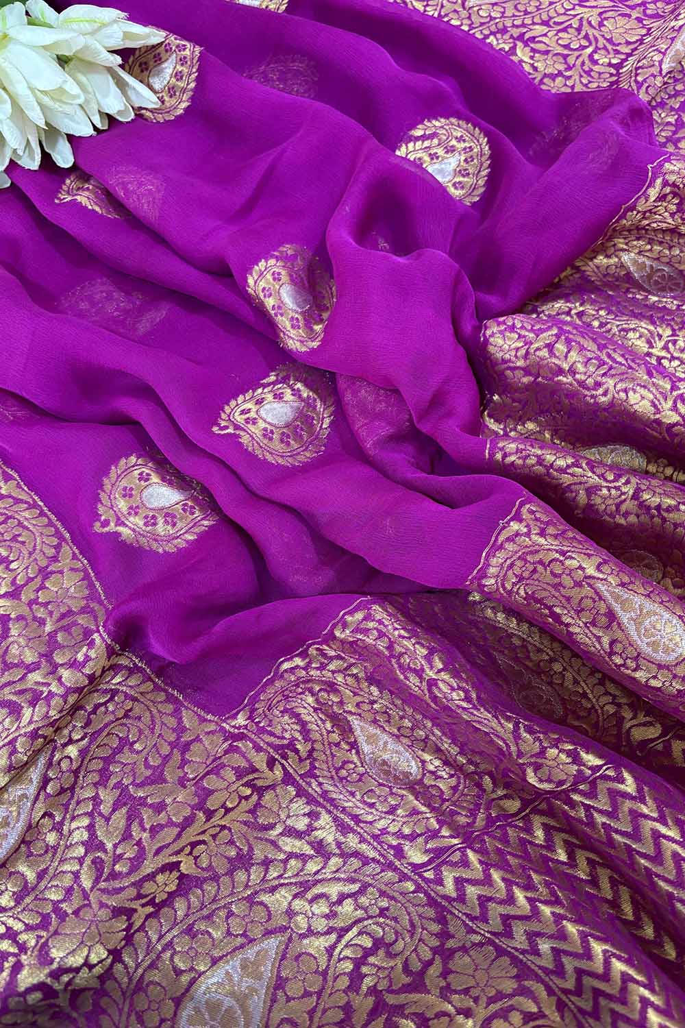 Elegant Purple Banarasi Handloom Pure Georgette Kadwa Sona Roopa Saree - Luxurion World