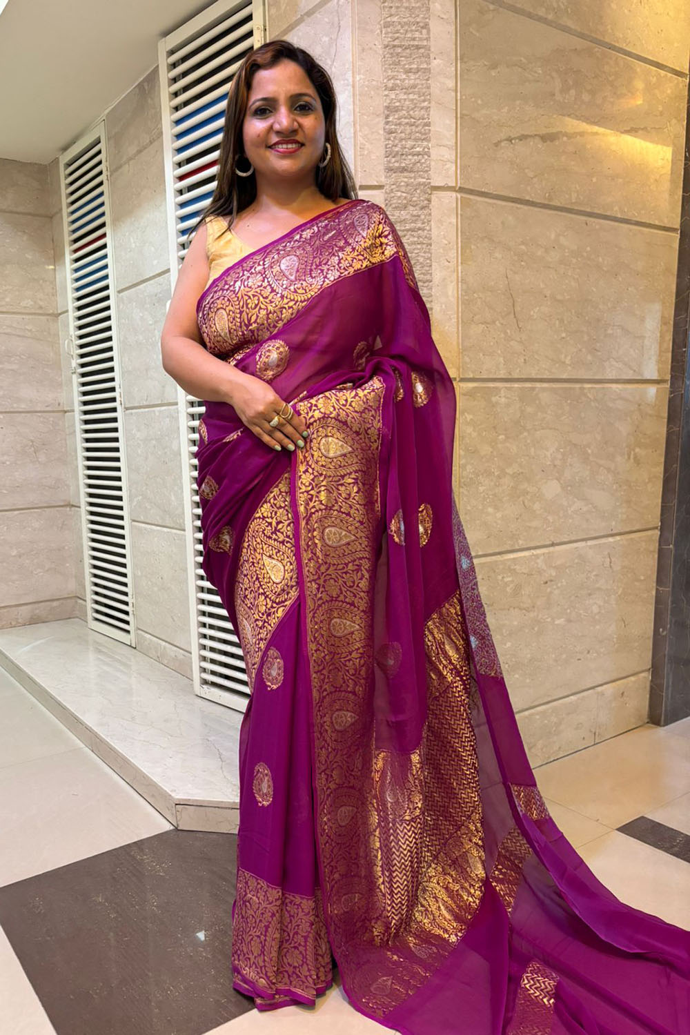 Elegant Purple Banarasi Handloom Pure Georgette Kadwa Sona Roopa Saree - Luxurion World