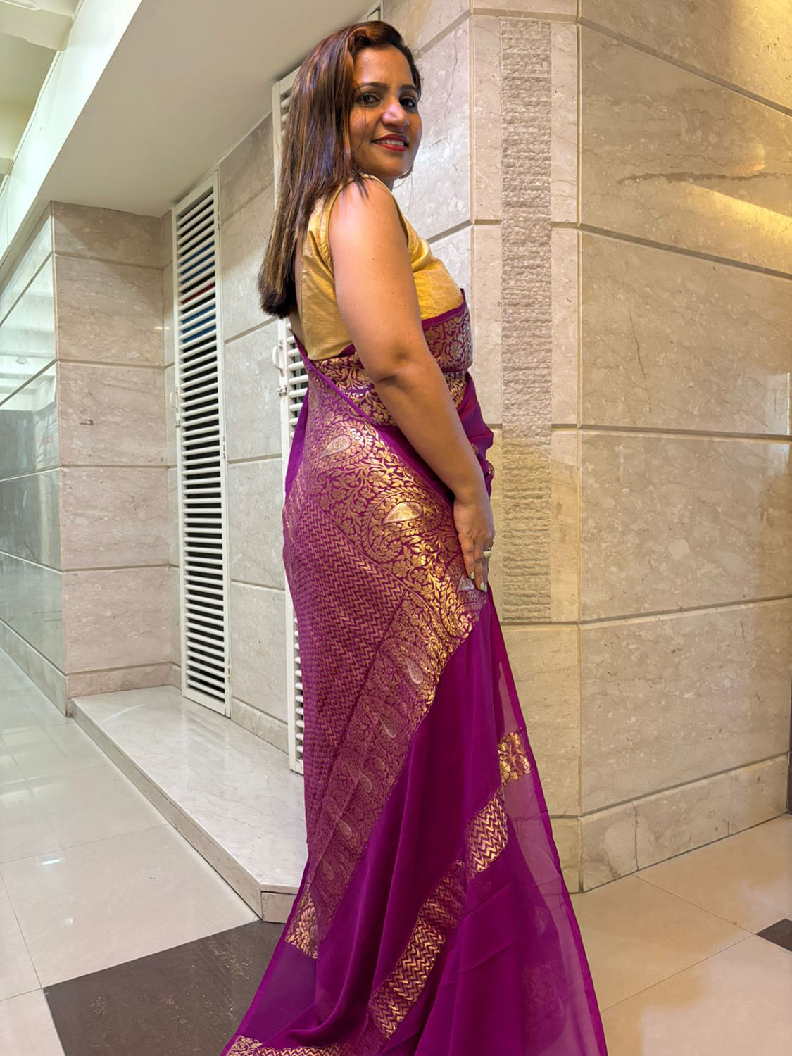 Elegant Purple Banarasi Handloom Pure Georgette Kadwa Sona Roopa Saree - Luxurion World