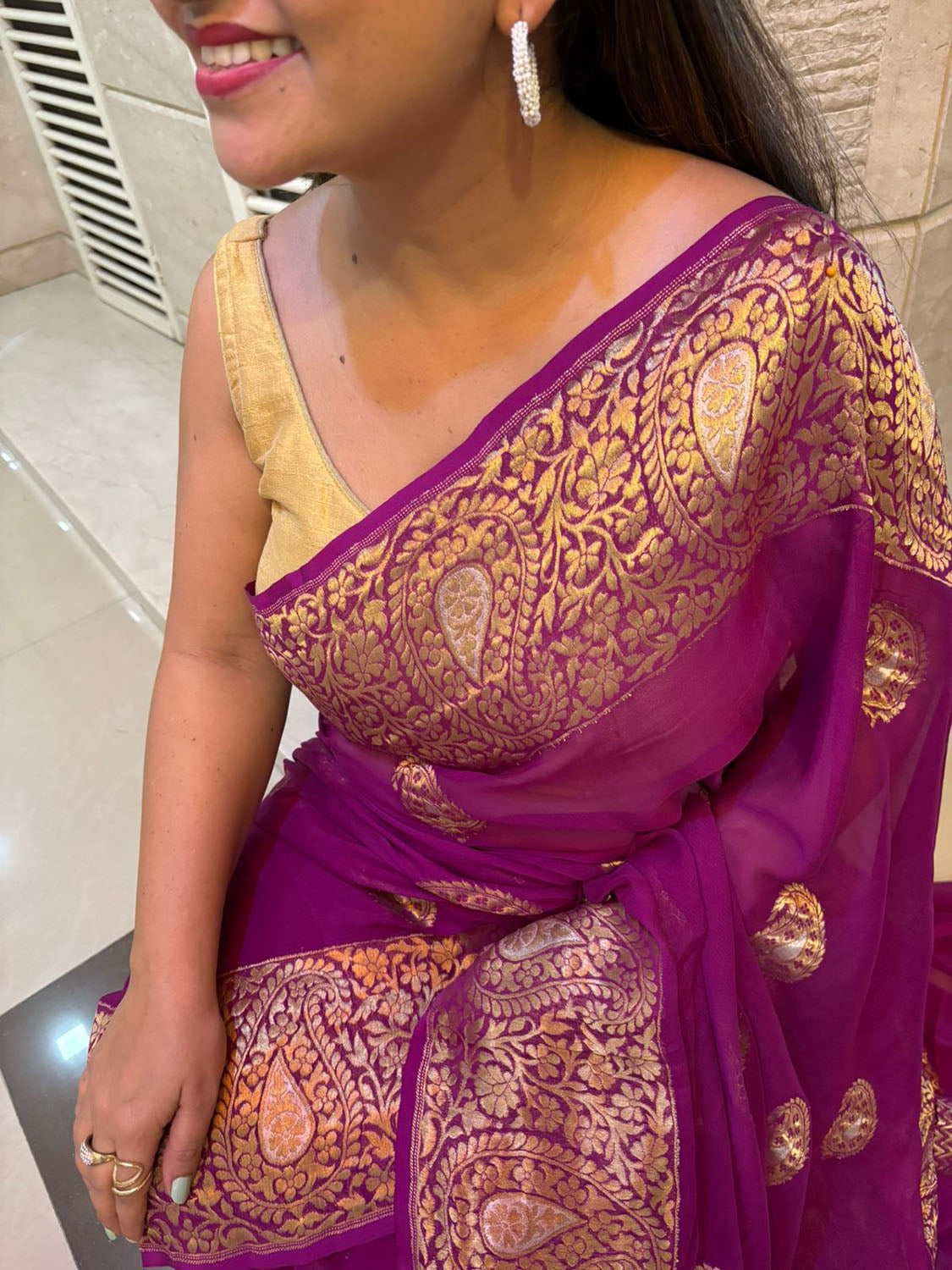 Elegant Purple Banarasi Handloom Pure Georgette Kadwa Sona Roopa Saree - Luxurion World
