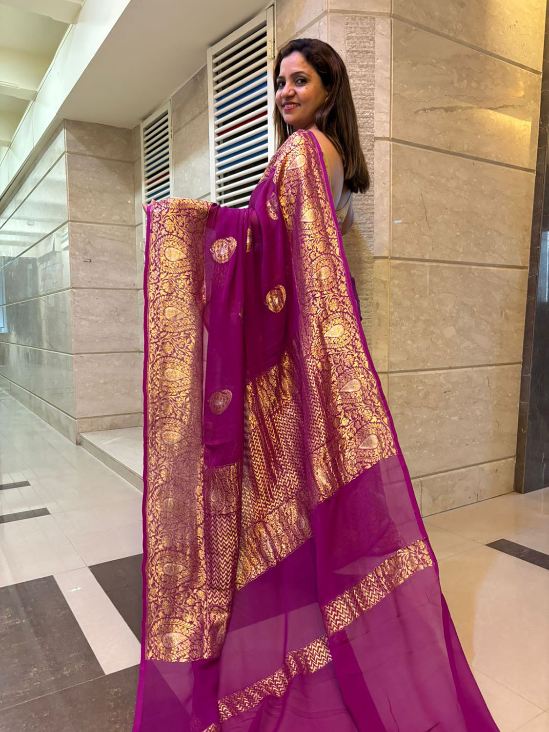Elegant Purple Banarasi Handloom Pure Georgette Kadwa Sona Roopa Saree - Luxurion World