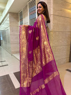 Elegant Purple Banarasi Handloom Pure Georgette Kadwa Sona Roopa Saree - Luxurion World
