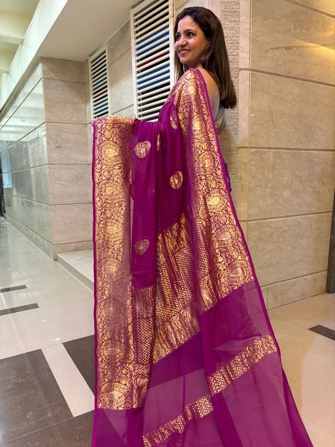 Elegant Purple Banarasi Handloom Pure Georgette Kadwa Sona Roopa Saree - Luxurion World