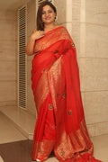 Red Banarasi Handloom Pure Georgette Kadwa Meenakari Paisley Design Saree - Luxurion World