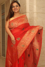 Red Banarasi Handloom Pure Georgette Kadwa Meenakari Paisley Design Saree - Luxurion World