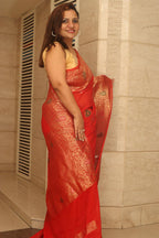 Red Banarasi Handloom Pure Georgette Kadwa Meenakari Paisley Design Saree - Luxurion World