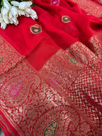 Red Banarasi Handloom Pure Georgette Kadwa Meenakari Paisley Design Saree - Luxurion World