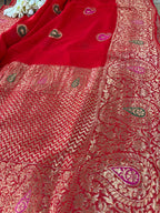 Red Banarasi Handloom Pure Georgette Kadwa Meenakari Paisley Design Saree - Luxurion World