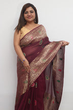 Elegant Maroon Banarasi Handloom Pure Georgette Kadwa Meenakari Paisley Design Saree - Luxurion World