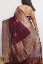 Elegant Maroon Banarasi Handloom Pure Georgette Kadwa Meenakari Paisley Design Saree - Luxurion World