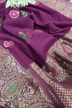 Elegant Maroon Banarasi Handloom Pure Georgette Kadwa Meenakari Paisley Design Saree - Luxurion World