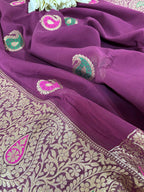 Elegant Maroon Banarasi Handloom Pure Georgette Kadwa Meenakari Paisley Design Saree - Luxurion World