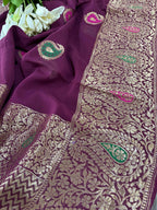 Elegant Maroon Banarasi Handloom Pure Georgette Kadwa Meenakari Paisley Design Saree - Luxurion World