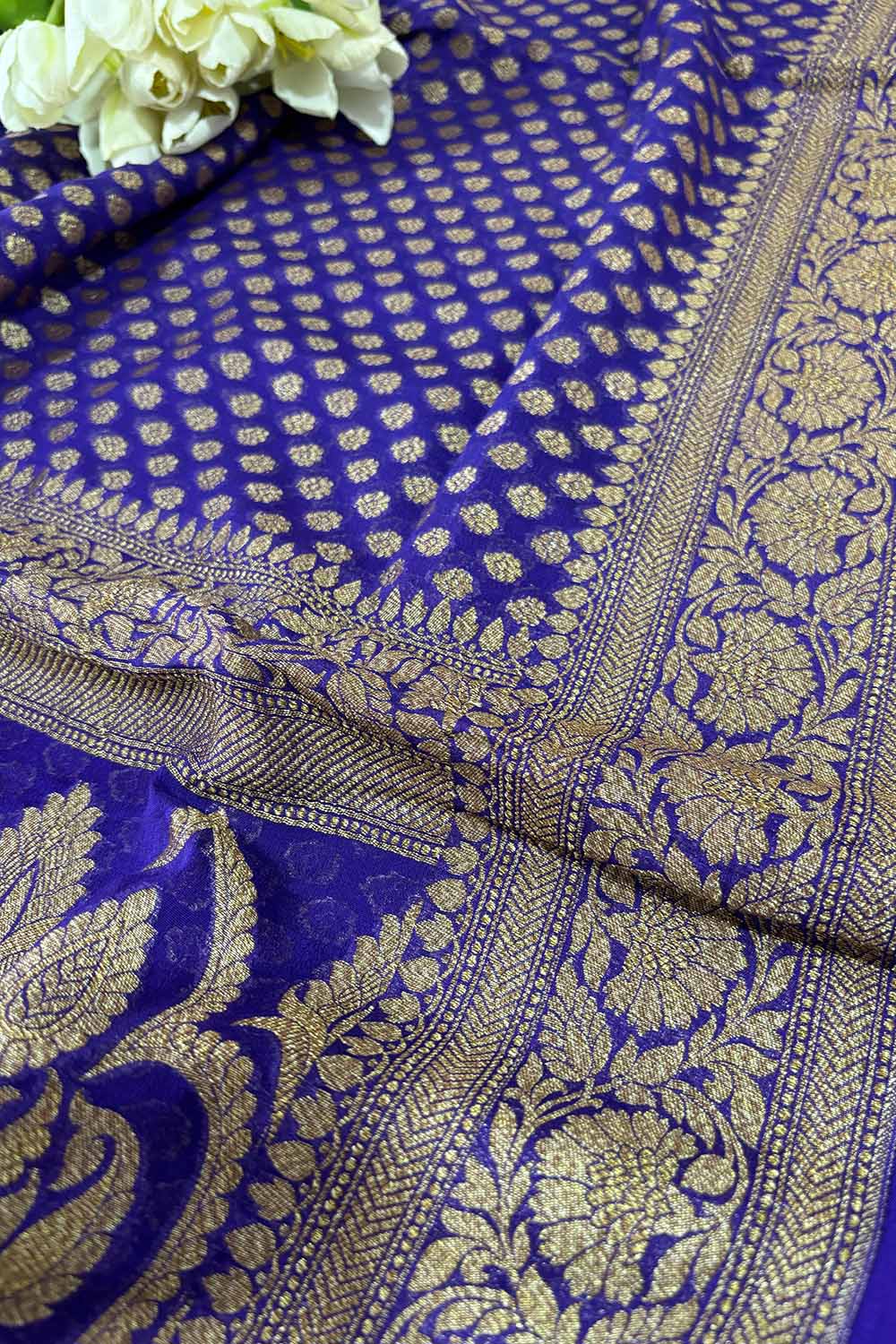 Blue Banarasi Handloom Pure Georgette Resham Zari Saree - Luxurion World