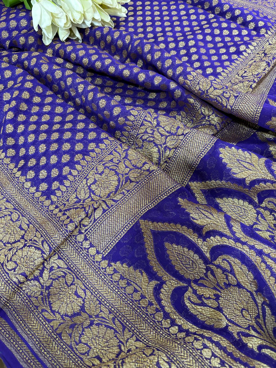 Blue Banarasi Handloom Pure Georgette Resham Zari Saree - Luxurion World