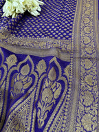 Blue Banarasi Handloom Pure Georgette Resham Zari Saree - Luxurion World