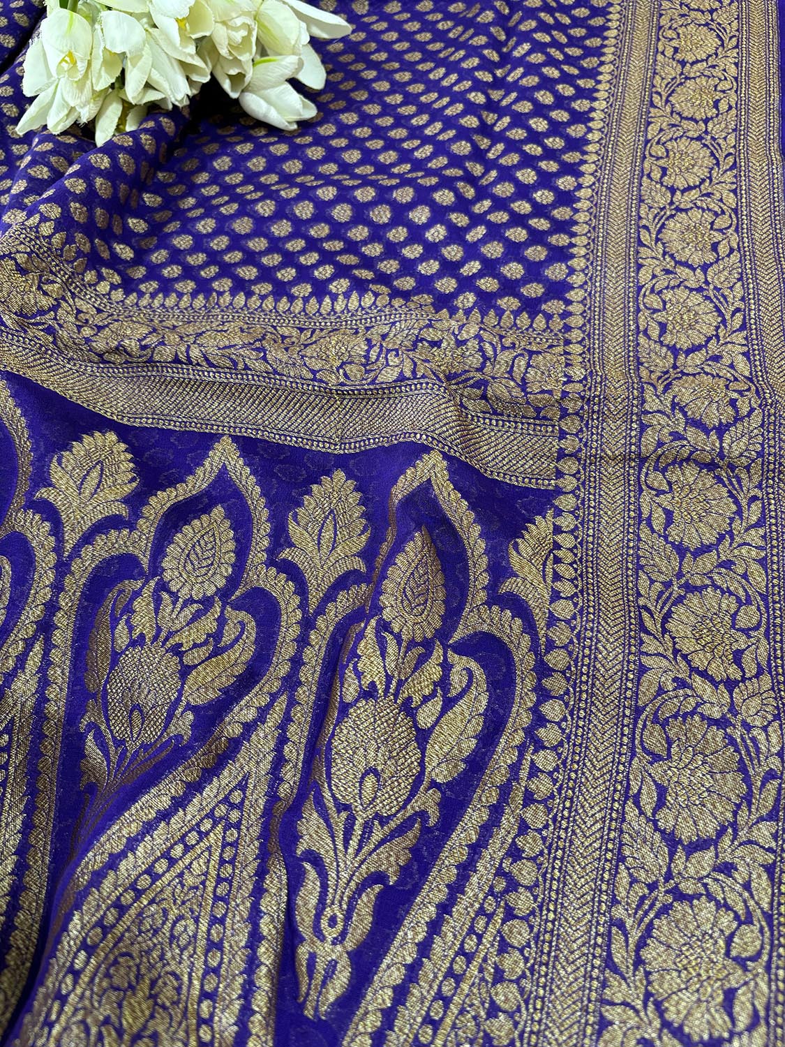 Blue Banarasi Handloom Pure Georgette Resham Zari Saree - Luxurion World
