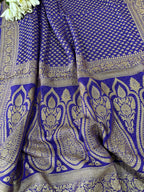 Blue Banarasi Handloom Pure Georgette Resham Zari Saree - Luxurion World