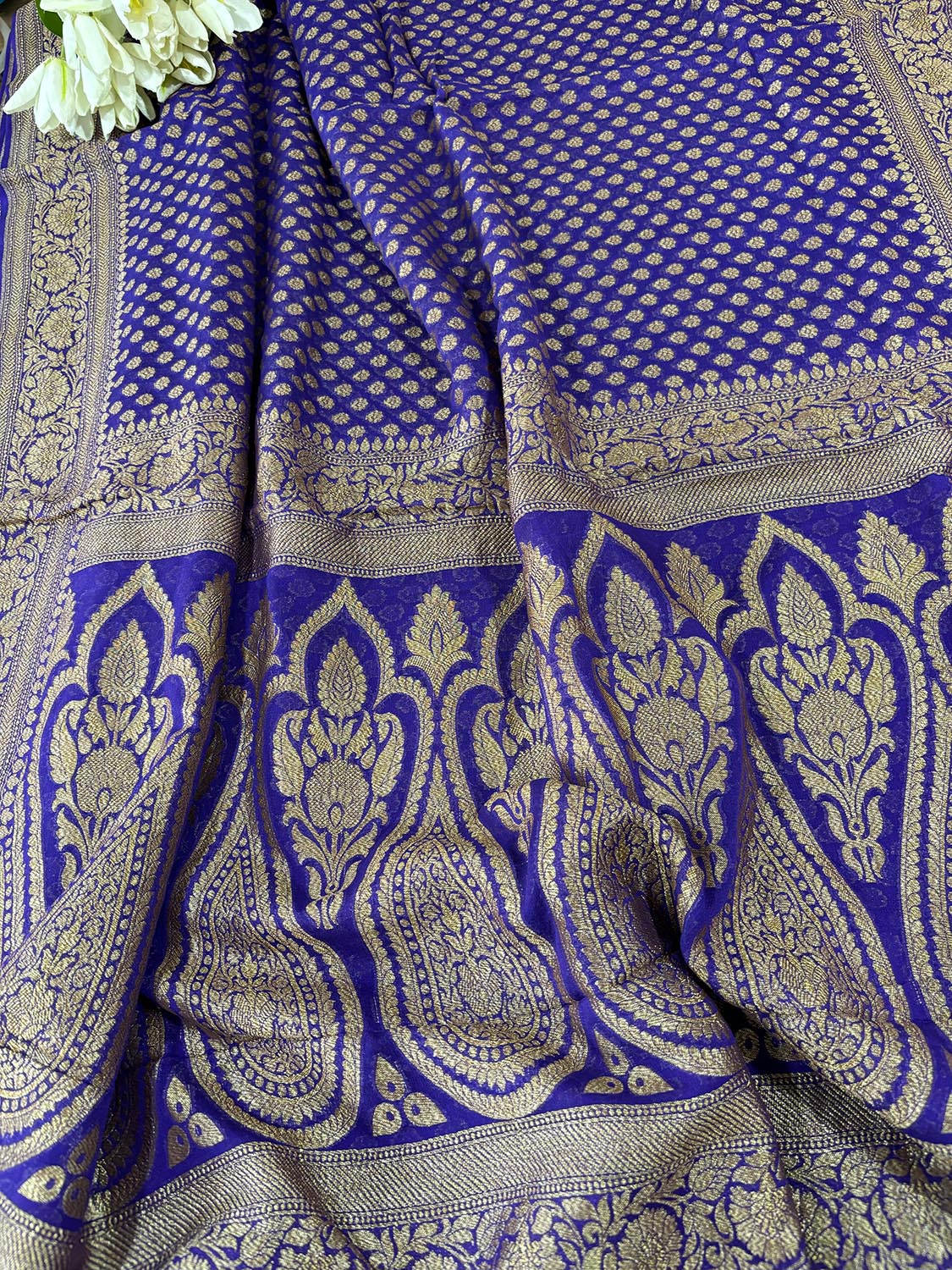 Blue Banarasi Handloom Pure Georgette Resham Zari Saree - Luxurion World