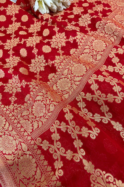 Red Banarasi Handloom Pure Georgette Resham Zari Saree - Luxurion World