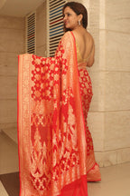 Red Banarasi Handloom Pure Georgette Resham Zari Saree - Luxurion World