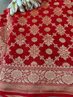 Red Banarasi Handloom Pure Georgette Resham Zari Saree - Luxurion World