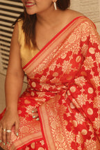 Red Banarasi Handloom Pure Georgette Resham Zari Saree - Luxurion World