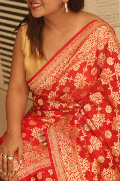 Red Banarasi Handloom Pure Georgette Resham Zari Saree - Luxurion World